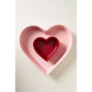 Anthropologie Stoneware Shaped Serving Dish, Pink Red Nested Heart Design, NEW